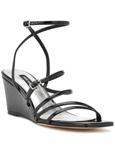 Nine West Keamer Womens Patent Ankle Strap Wedge Sandals In Black