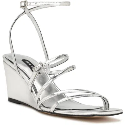 Nine West Keamer Womens Patent Ankle Strap Wedge Sandals In Silver