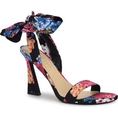 Nine West Kobs Ankle Tie Sandal In Black Blooms Floral Multi
