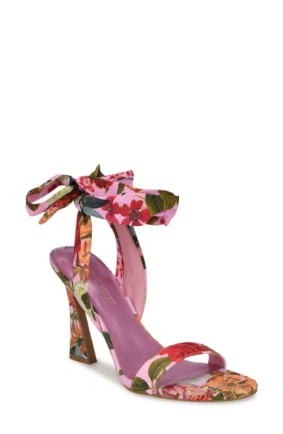 Nine West Kobs Ankle Tie Sandal In Pink Rose Print Multi