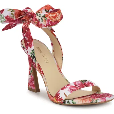 Nine West Kobs Ankle Tie Sandal In White Blooms Floral Multi