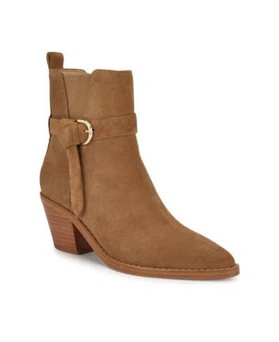 Nine West Lemone Boots M Cognac Suede Pointy Toe Ankle Bootie Htat722 In Brown