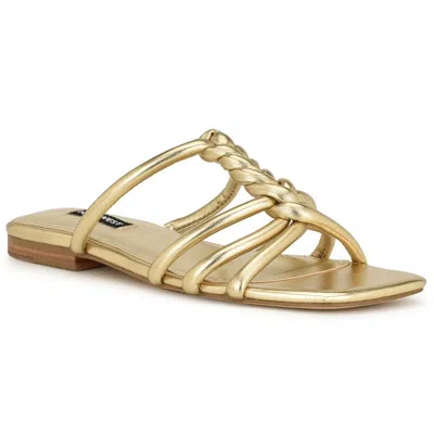 Nine West Makee3 Womens Braided Faux Leather Slide Sandals In Gold