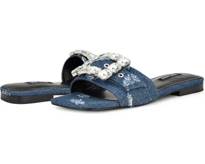 Nine West Matter Sandals M Dark Denim Stone Detail Square Toe Htat730 In Blue