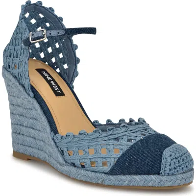 Nine West Mckinly Ankle Strap Wedge Sandal In Blue Denim