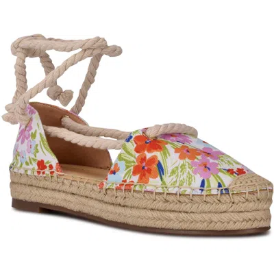 Nine West Meaks 7 Womens Canvas Ankle Tie Platform Sandals In White