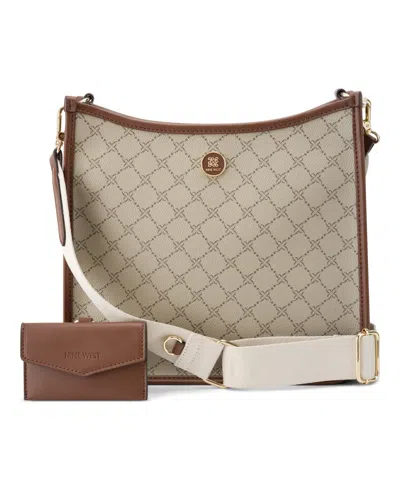 Nine West Nalini Large Swing Crossbody Bag In Beige Logo Mahogany