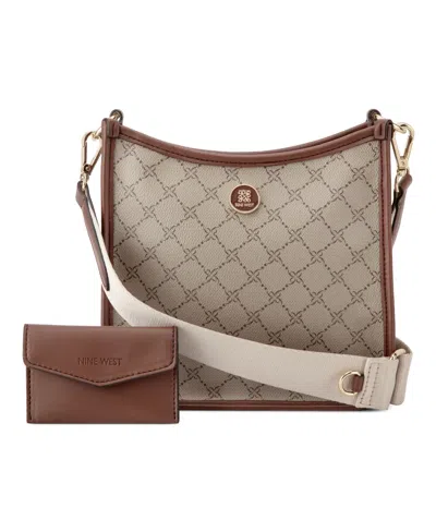 Nine West Nalini Medium Swing Crossbody Bag In Beige Logo Mahogany