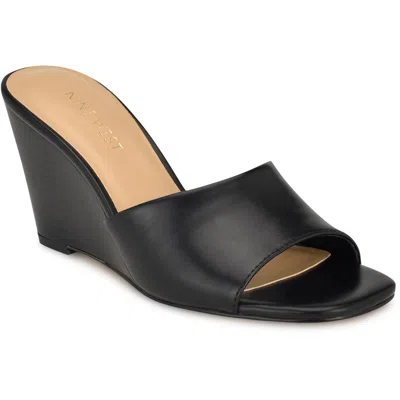 Nine West Niya Womens Faux Leather Printed Wedge Sandals In Black- Faux Leather- Polyurethane