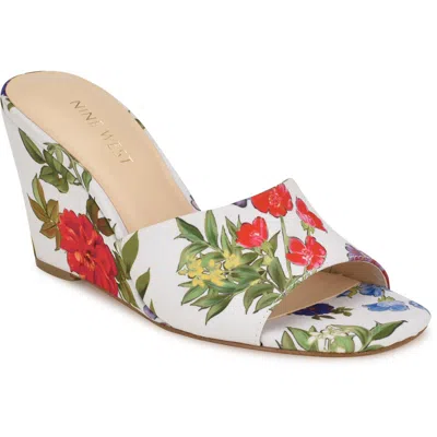 Nine West Niya2 Womens Laceless Man Made Wedge Sandals In White Garden Print Multi- Textile