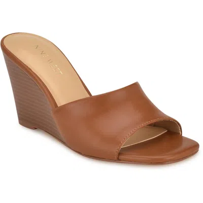 Nine West Niya3 Womens Laceless Man Made Wedge Sandals In Cognac- Faux Leather- Polyurethane