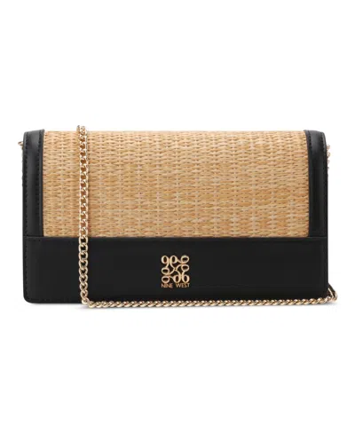 Nine West Omyra Phone Chain Crossbody Bag In Natural Straw Black