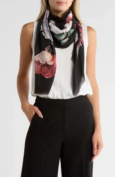 Nine West Painterly Blooms Gauze Square Scarf In Black