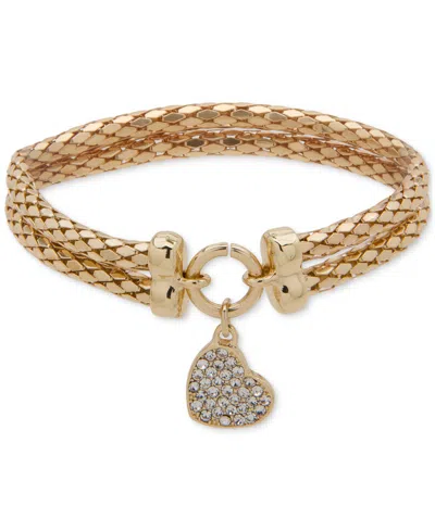 Nine West Pave Heart Charm Double-row Stretch Bracelet In Gold