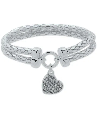 Nine West Pave Heart Charm Double-row Stretch Bracelet In White