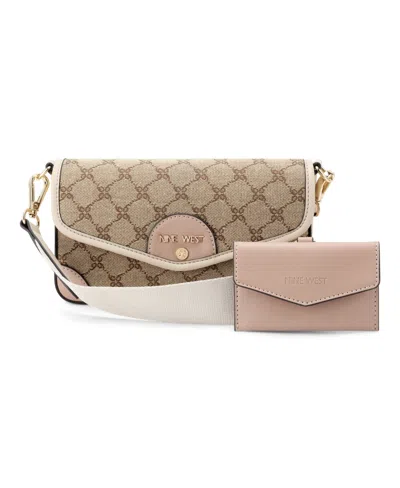 Nine West Peaches Flap Crossbody Bag With Card Case In Mocha Logo Multi