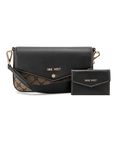 Nine West Peaches Flap Crossbody Bag With Card Case In Natural Logo Black