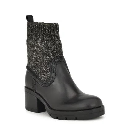 Nine West Popit Boots Women's Black Leather Block Heel Casual Bootie Jobb226