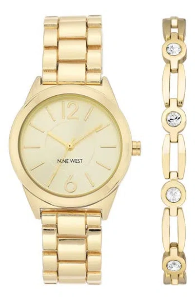 Nine West Quartz Bracelet Watch & Crystal Chain Bracelet Set, 30mm In Gold