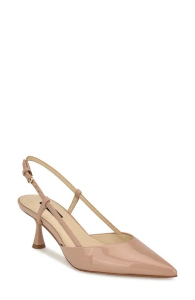 Nine West Rhonda Slingback Pointed Toe Kitten Heel Pump In Light Natural Patent