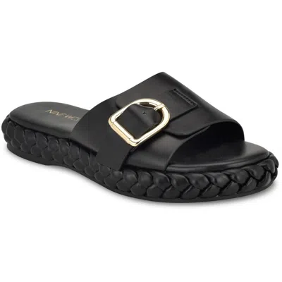 Nine West Shantel3 Womens Buckle Faux Leather Slide Sandals In Black