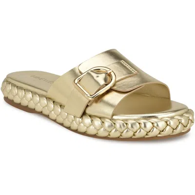 Nine West Shantel3 Womens Buckle Faux Leather Slide Sandals In Gold
