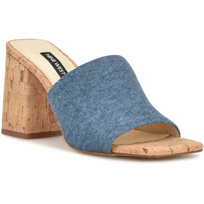 Nine West Teice7 Womens Block Heel Denim Mule Sandals In Blue