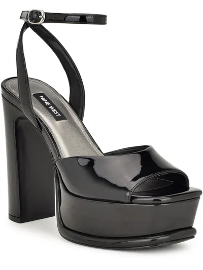 Nine West Women's Platt Tapered Heel Square Toe Dress Sandals In Black Patent - Faux Patent Leather- Poly