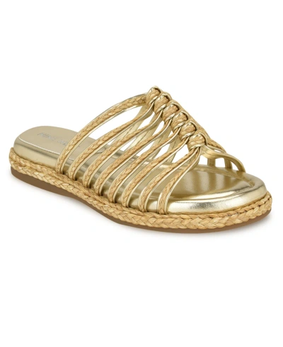 Nine West Women's Adila Slip-on Strappy Flat Casual Sandals In Light Natural,gold