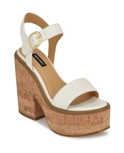 Nine West Women's Amye Adjustable Ankle Strap Block Heel Sandals In White - Faux Leather
