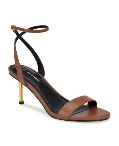 Nine West Women's Anny Round Toe Ankle Strap Heeled Sandals In Medium Brown