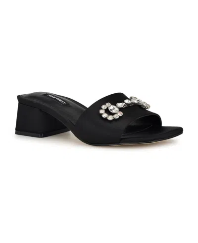 Nine West Women's Bamsy Square Toe Slip-on Dress Sandals In Black Satin