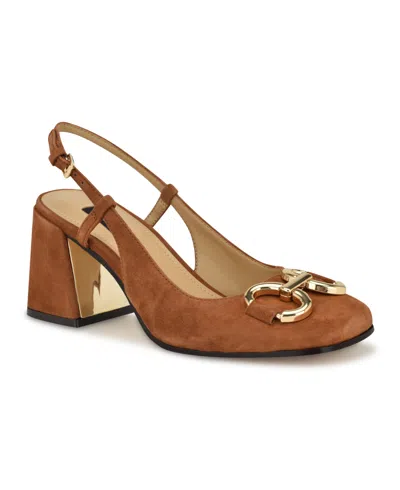 Nine West Women's Cast Block Heel Square Toe Dress Pumps In Cognac Suede
