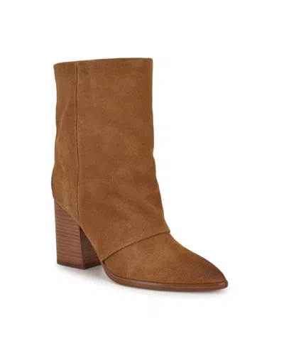 Nine West Women's Chaye Pointy Toe Block Heel Booties In Cognac Suede