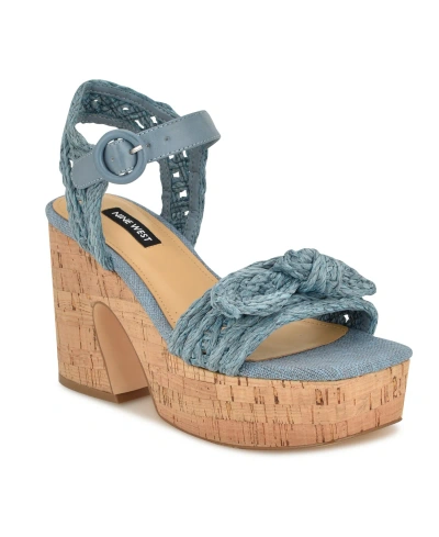 Nine West Women's Comiele Square Toe Block Heel Wedge Sandals In Medium Blue