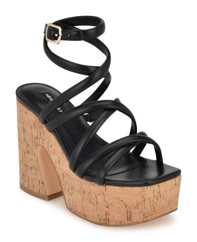 Nine West Women's Corke Strappy Square Toe Wedge Sandals In Black