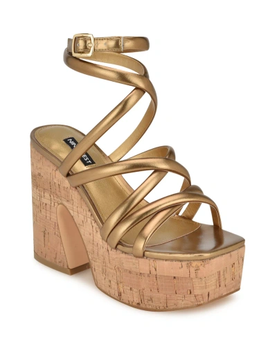 Nine West Women's Corke Strappy Square Toe Wedge Sandals In Bronze