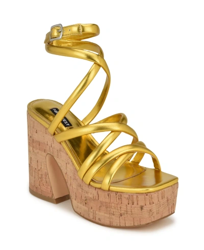 Nine West Women's Corke Strappy Square Toe Wedge Sandals In Metallic Yellow