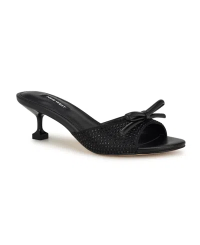 Nine West Delly Kitten Heel Slide Sandal In Black Satin