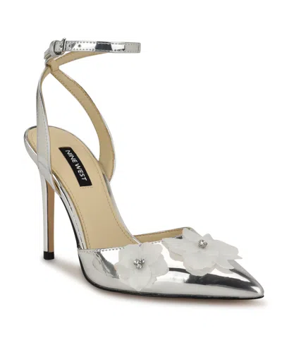 Nine West Women's Fabby Stiletto Heel Pointy Toe Dress Pumps In Silver Mirror Metallic