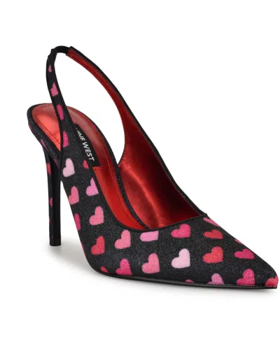 Nine West Women's Feather Pointy Toe Slingback Dress Pumps In Black Glitter Heart Print