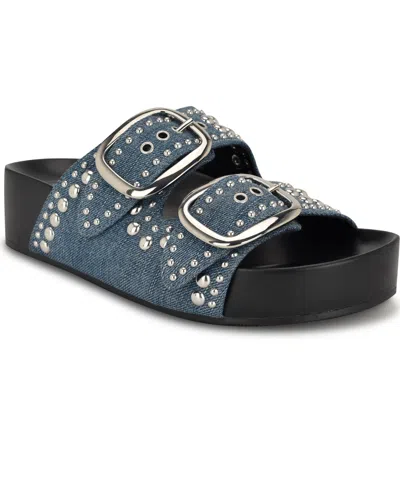 Nine West Women's Flinne Casual Dual Buckle Sandals In Blue Denim
