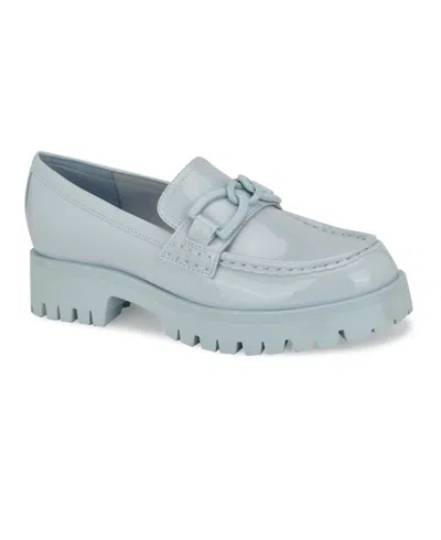 Nine West Women's Gables Round Toe Lug Sole Casual Loafers In Light Blue Patent