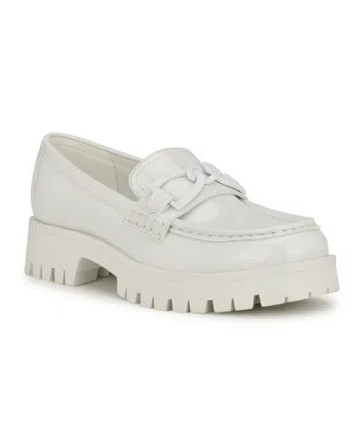 Nine West Women's Gables Round Toe Lug Sole Casual Loafers In White Patent