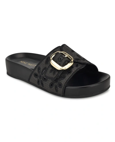 Nine West Women's Giulia Slip-on Round Toe Flat Casual Sandals In Black