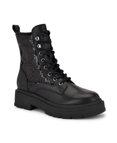 Nine West Women's Heidy Round Toe Lace-up Ankle Booties In Black,black Sequin