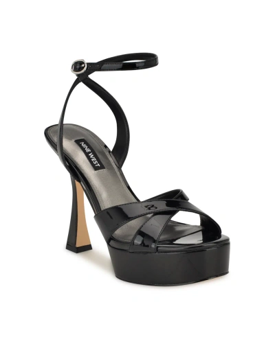 Nine West Women's Jessie Round Toe Tapered Heel Dress Sandals In Black- Faux Patent Leather