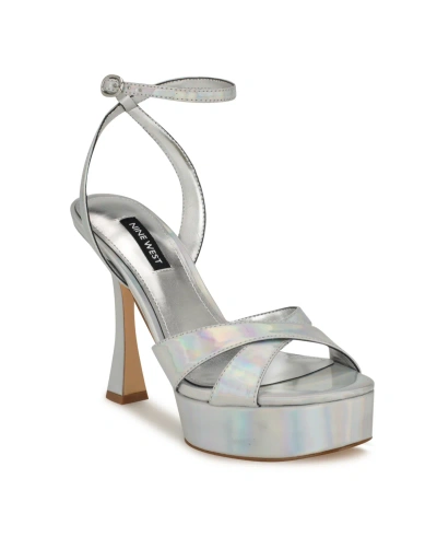 Nine West Women's Jessie Round Toe Tapered Heel Dress Sandals In Silver Iridescent Mirror Metallic- Manma