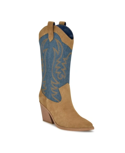 Nine West Women's Keeks Pointy Toe Block Heel Western Boots In Caramel Suede,blue Denim
