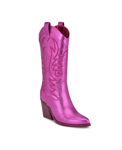Nine West Women's Keeks Pointy Toe Block Heel Western Boots In Metallic Magenta Faux Leather